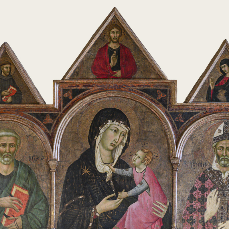 The triptych depicts the Madonna and Child with Saints Peter and Romulus. Attributed to Ugolino di Nerio, some scholars consider it a late work (1315–1320), while others associate it with the Master of Monteoliveto.