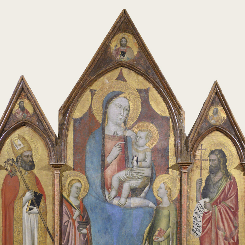 The polyptych depicts the Madonna and Child with female saints at the center, flanked by male saints, and a blessing Christ among Prophets in the pinnacles. Attributed to Puccio di Simone, it displays Gothic influences.