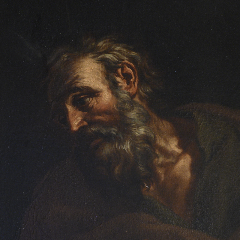 The painting by Ciro Ferri, dated 1653, portrays Moses with the Tablets of the Law and a stern gaze. Trained under Pietro da Cortona, Ferri rose to prominence in Florence. The provenance of the canvas remains uncertain.
