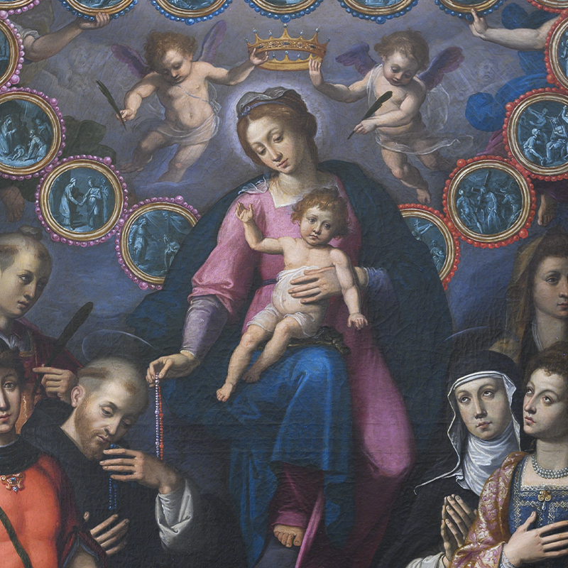 The 1611 work by Monaldi, created for the Confraternity of the Most Holy Rosary, reflects Counter-Reformation influences and Marian devotions, with artistic ties to Santi di Tito and collaborations with Poccetti in Florence.