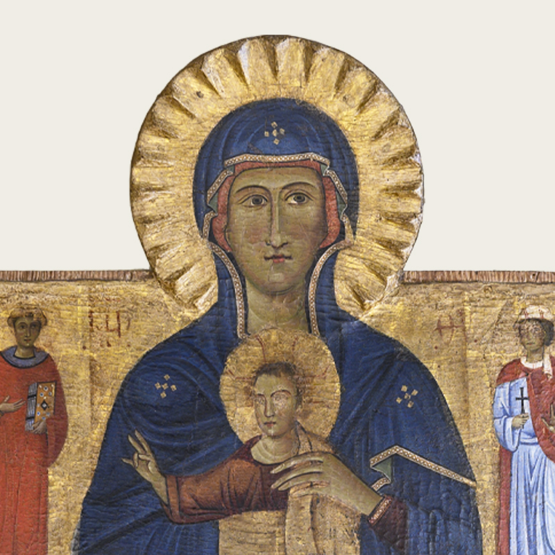 The panel, attributed to the Master of the Bigallo by Richard Offner in 1933, depicts the Virgin Nicopeia on a wooden throne with the Child and two saints. Restored in 2001, it comes from Santa Maria a Bagnano.