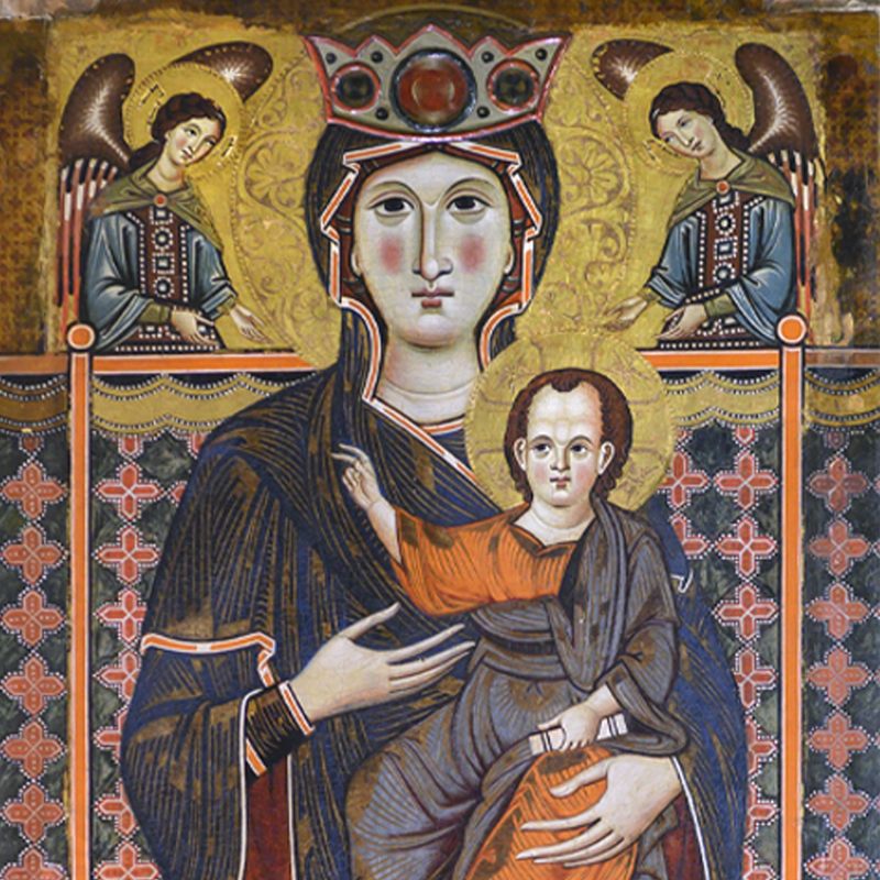 The panel by Meliore di Jacopo depicts the Madonna on a decorated throne, with the Child and two angels against a gold background. Altered in the 18th century, it has been attributed to Meliore through stylistic comparisons.